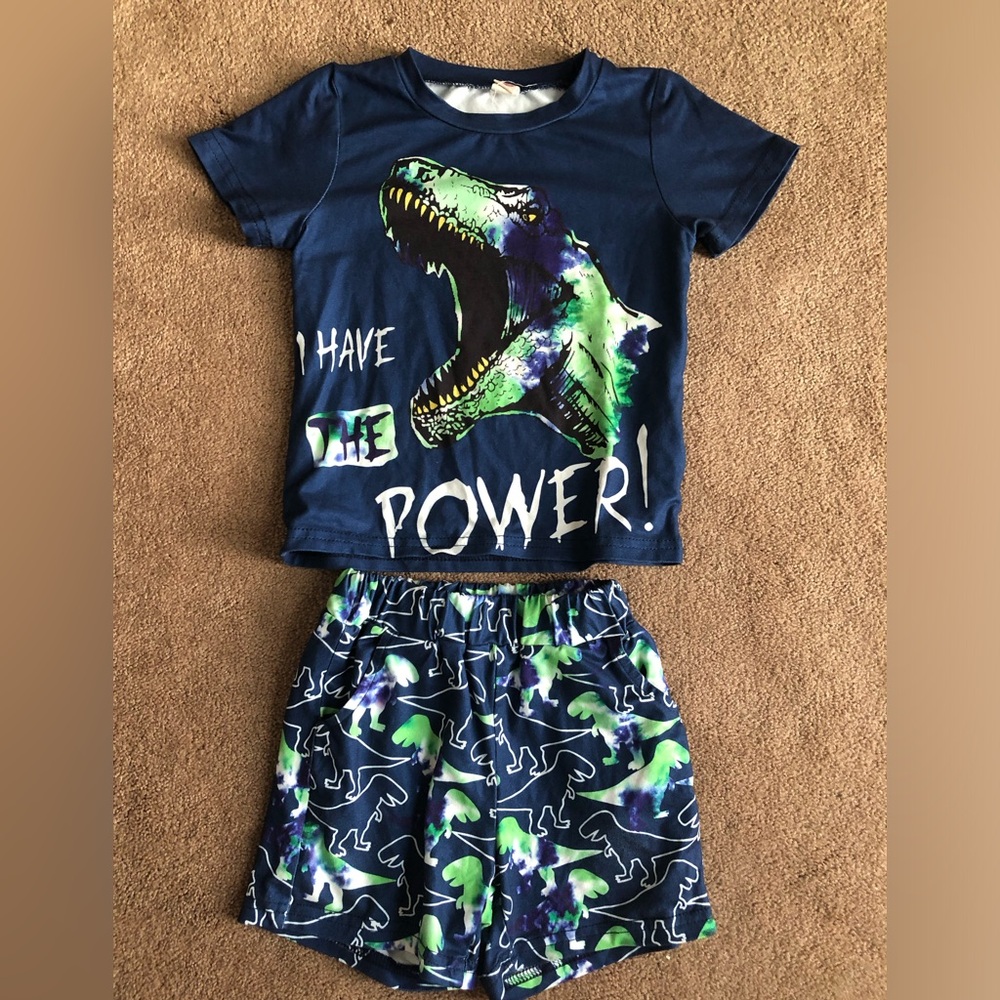 Navy Green Dino Power Kids shorts and shirt Set sz 2T 3T